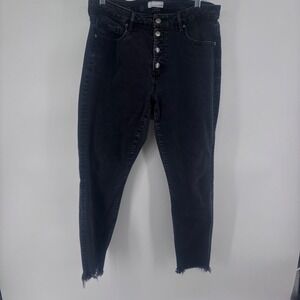 LOFT Modern Skinny High Rise Button Fly Black Wash Frayed‎ Hem Jeans Size 32x26